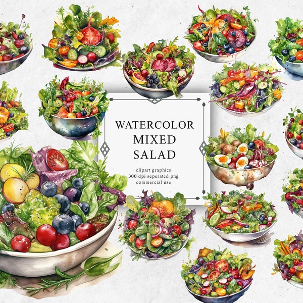 20 Mixed Salad Clipart Set in Transparent PNG - Mixed Salad Watercolor Digital Image Downloads for Card Making, Scrapbook