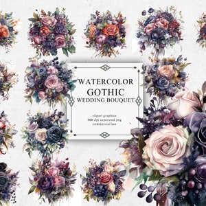 20 Gothic Wedding Bouquet Clipart Watercolor Bundle Png Graphics Images Pack - Digital Gothic Wedding Bouquet Transparent PNG
