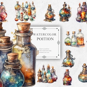 33 Steampunk Potions Clipart Set in Transparent PNG - Colorful Potions Watercolor Digital Image Downloads for Card Making, Scrapbook