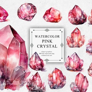14 Pink Crystal Clipart Set in Transparent PNG - Pink Crystal Watercolor Digital Image Downloads for Card Making, Scrapbook, Junk Journal