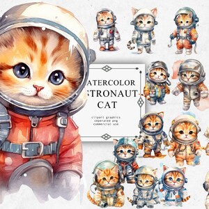Astronaut Cat Clipart Set in transparenten PNG - Astronaut Cat Aquarell Digitales Bild Downloads für die Kartenherstellung, Scrapbook
