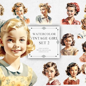 28 Watercolor Vintage Girl Clipart SET 2 - Digital PNG Vintage Girl. Vintage Girl PNG Transparent 2023 New Collection