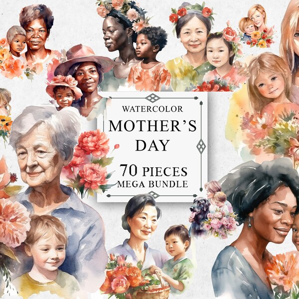 MEGA Bundle - 70 Mother's Day Clipart Watercolor Png Graphics Images Pack - Digital Mother's Day Transparent PNG