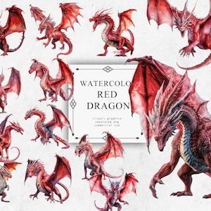 13 Red Dragon Clipart Set in Transparent PNG - Red Dragon Watercolor Digital Image Downloads for Card Making, Scrapbook, Junk Journal, Paper