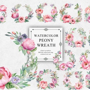 20 Peony Wreath Clipart Set in Transparent PNG - Watercolor Digital Image Downloads for Card Making, Scrapbook, Junk Journal, Paper Crafts