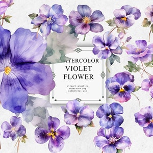 Conjunto de clipart de flor violeta em PNG transparente - download de imagens digitais em aquarela de flor violeta para confecção de cartões, álbum de recortes