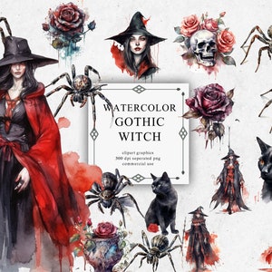 26 Gothic Witch Clipart Watercolor Bundle Png Graphics Images Pack - Digital Gothic Witch Transparent PNG