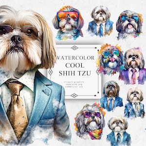 Ensemble de cliparts chien Shih Tzu en PNG Transparent - téléchargements d'images numériques aquarelle chien Shih Tzu pour la fabrication de cartes, scrapbooking, journal indésirable