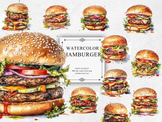 11 Watercolor Hamburger Clipart - Digital PNG Hamburger. Hamburger PNG Transparent 2023 New Collection