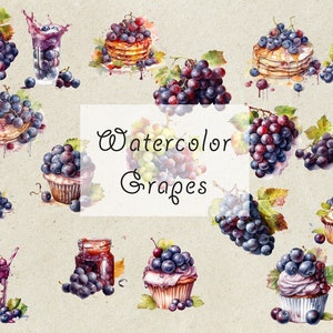 Watercolor Grapes Clipart - Digital PNG Grapes jar, Grapes pancake, Grapes cupcake, Grapes milkshare, Grapes basket, Grapes round wreath