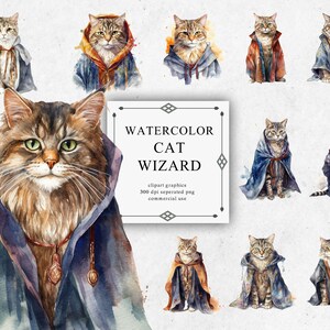16 Watercolor Wizard Cat Clipart - Digital PNG Wizard Cat. Wizard Cat PNG Transparent 2023 New Collection