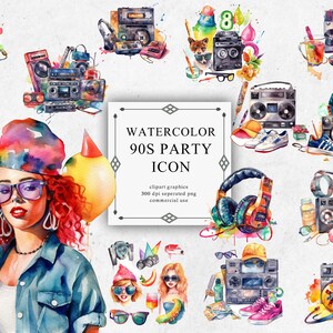 16 Watercolor 90&#39;s Party Clipart - Digital PNG 90&#39;s Party. 90&#39;s Party PNG Transparent 2023 New Collection