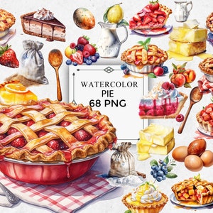68 Pie Clipart Bundle in Transparent PNG - Pie Watercolor Digital Image Downloads for Card Making, Scrapbook, Junk Journal