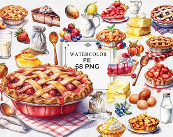 68 Pie Clipart Bundle in Transparent PNG - Pie Watercolor Digital Image Downloads for Card Making, Scrapbook, Junk Journal