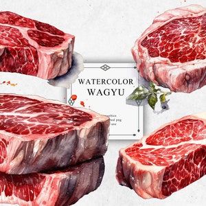 4 Wagyu Clipart Set in Transparent PNG - Wagyu Watercolor Digital Image Downloads for Card Making, Scrapbook, Junk Journal, Paper