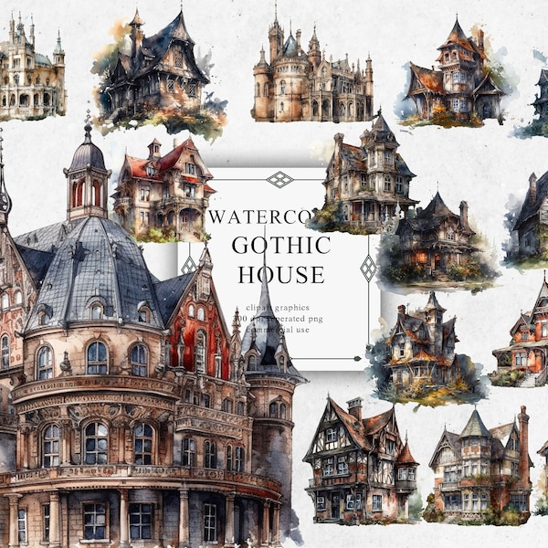 24 Gothic House  Clipart Watercolor Bundle Png Graphics Images Pack - Digital Gothic House  Transparent PNG