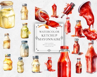 20 Ketchup Mayonnaise Clipart Set in Transparent PNG - Ketchup Mayonnaise Watercolor Digital Image Downloads for Card Making