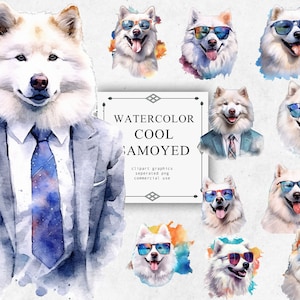 Samoyed Dog Clipart Set in Transparent PNG - Samoyed Dog Watercolor Digital Image Downloads for Card Making, Scrapbook, Junk Journal