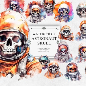 Clipart de caveira de astronauta definido em PNG transparente - Download de imagens digitais em aquarela de caveira de astronauta para confecção de cartões, álbum de recortes
