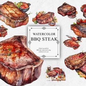 20 Conjunto de clipart de bife de churrasco em PNG transparente - Downloads de imagens digitais em aquarela de bife de churrasco para fazer cartões, álbum de recortes, diário de lixo, papel
