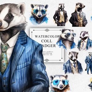 Badger Clipart Set in Transparent PNG - Badger Watercolor Digital Image Downloads for Card Making, Scrapbook