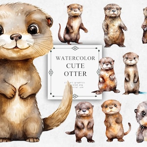 Otter Clipart Set in Transparent PNG - Otter Watercolor Digital Image Downloads for Card Making, Scrapbook