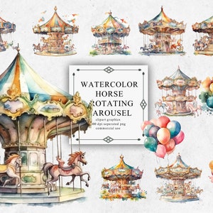 Conjunto de clipart de carrossel giratório de 12 cavalos em PNG transparente - Download de imagem digital de aquarela de carrossel giratório de cavalo para confecção de cartões