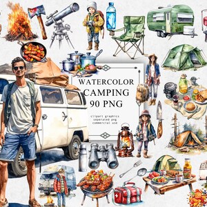90 Paquete de imágenes prediseñadas de camping en PNG transparente - Descargas de imágenes digitales de acuarela de camping para la fabricación de tarjetas, álbumes de recortes, diario basura