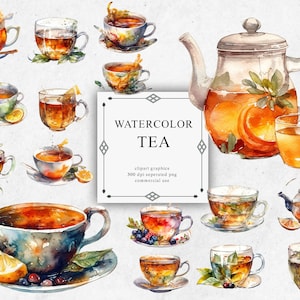 20 Tea Clipart Set in Transparent PNG - Tea Watercolor Digital Image Downloads for Card Making, Scrapbook, Junk Journal