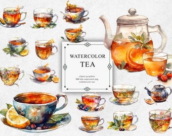 20 Tea Clipart Set in Transparent PNG - Tea Watercolor Digital Image Downloads for Card Making, Scrapbook, Junk Journal