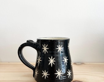 Handmade Pottery Coffee Mug: Black and White Star Design
