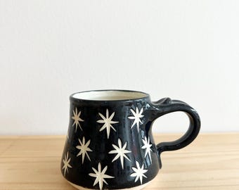 Handmade Pottery Coffee Mug: Black and White Star Design 10oz
