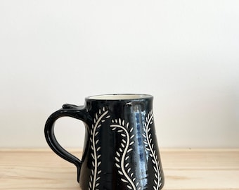 Handmade Pottery Mug: Black & White Carved Vine Design