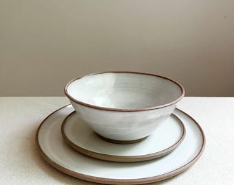 Handmade White Ceramic Dinnerware Set: Farmhouse Pottery Placesetting