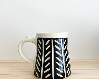 Handmade Pottery Coffee Mug: Black and White Herringbone Design
