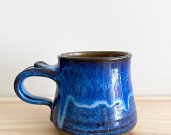 Handmade Blue Pottery Coffee Mug: 10oz Ceramic Mug with Thumb Rest