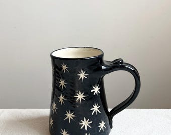 Handmade Pottery Coffee Mug: Carved Star Pattern, Black & White, 16 oz