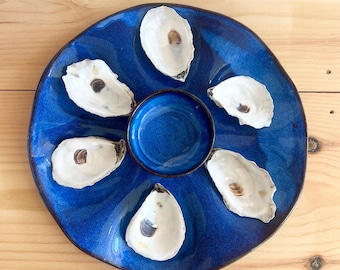 Blue Oyster Tray-Handmade Ceramic Oyster Platter with Small Bowl