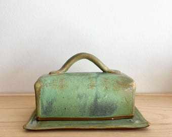 Handmade Ceramic Butter Dish - Earthy Green Glazed Pottery Tray