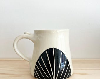 Handmade Pottery Coffee Mug: Sunrise Carved Design, 12oz