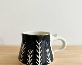 Handmade Pottery Coffee Mug: Black and White Wheatstalk Design, 10oz, ceramic coffee mug
