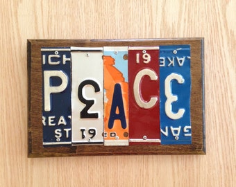 Recycled License Plate Art - PEACE