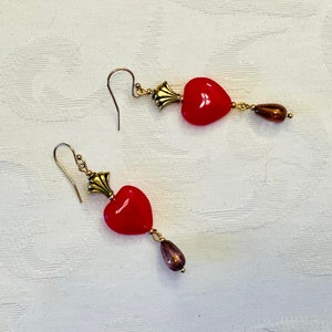 Handmade Valentines Earrings Red Glass Heart with Gold Teardrop Earrings Red Heart Glass Drop Earrings Ear Wire Earrings