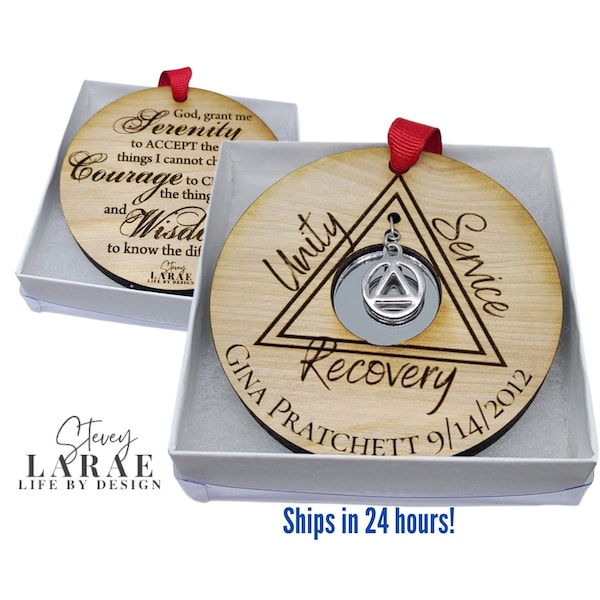 AA Ornament USA made with Serenity Prayer, with AA charm+mirror, Unity, Service, Recovery, Personalized Gift for drug or alcohol recovery