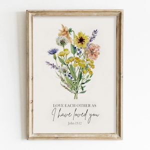 Bible Verse Wall Art, Love Each Other, Floral Prints, Christian Scripture Print, Bible Quote, Vintage, digital, Watercolor Flower Poster