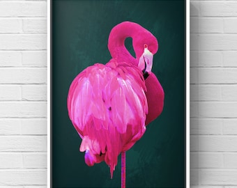 Neon Pink Flamingo, Poster, Bright Pink Flamingo Wall Art, Green Decor, Pink and Green Print, Bird, Animal Art,  Pop Art, Moderd Art, Gift