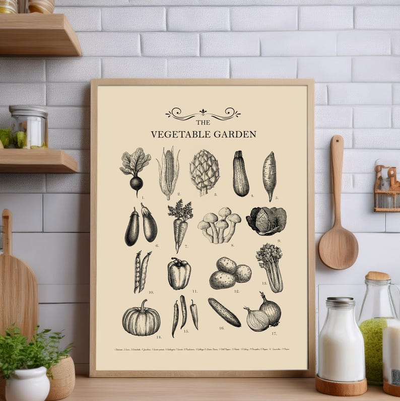 rustic vegetable kitchen prints | 3-piece wall art |... Vegetable Garden Poster, Kitchen Wall Art Set, Kitchen Art, Wall Decor ...