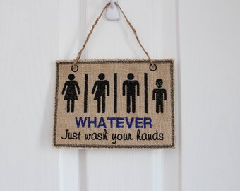 Funny Embroidered Burlap Bathroom Sign, Wash Your Hands Decor