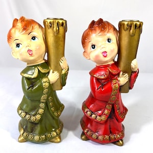 Vintage Singing Boys Candle Holders Chalkware Made in Japan  (3508)