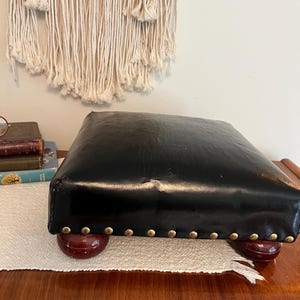 Vintage Black Leather Foot Stool Square Short Footed Brass Studs (3865)